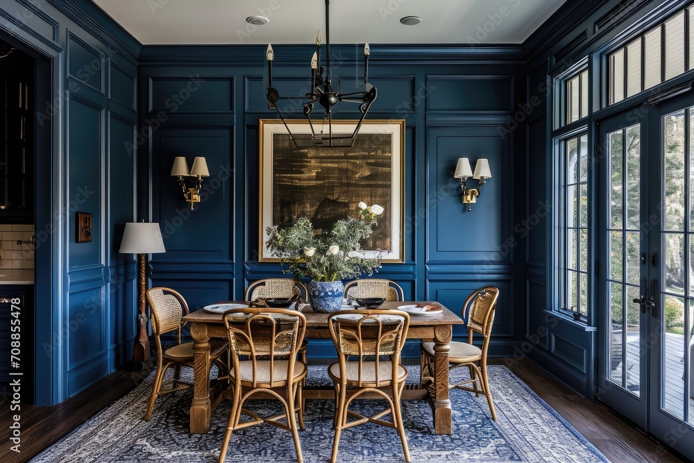 Dining room with dark blue moody walls.