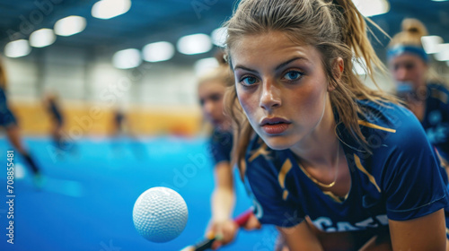 Intense female player tracking the ball in a fast-paced indoor field hockey game. A portrait of concentration and athletic skill in women's sports. photo