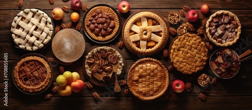 Assorted homemade pies and apples on the table