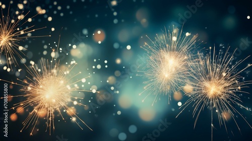 Vibrant New Year s Eve Celebration with Sparklers and Bokeh Lights in the Dark Blue Night Sky - 2024 Greeting Card Background