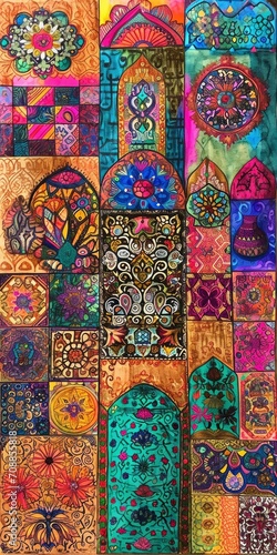 Islamic drawing of a colorful painting with various patterns