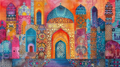 Islamic drawing of a colorful painting with various patterns photo