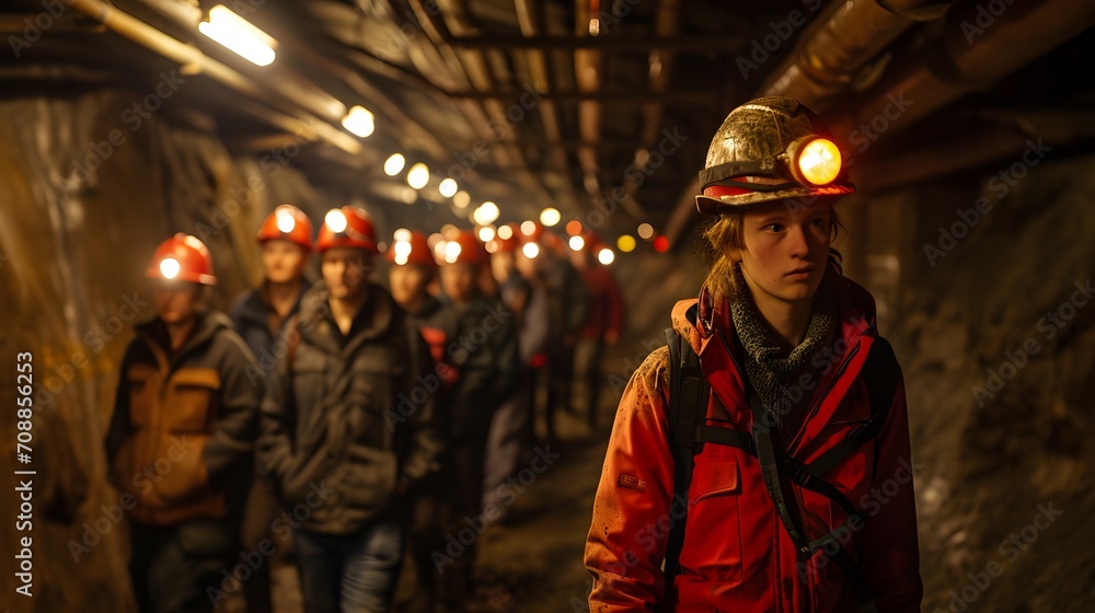 A line of miners with headlamps illuminates the darkness of an underground mine shaft.