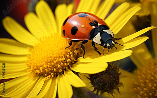 Bug ladybug sitting on a yellow flower. 