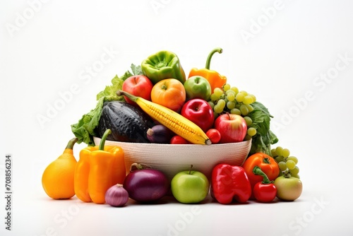Vegetables and fruits on a white background, fresh and colorful. Copy space