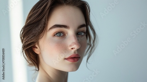 A close-up shot of a charming lady gazing sweetly at the camera against a clean light blue backdrop