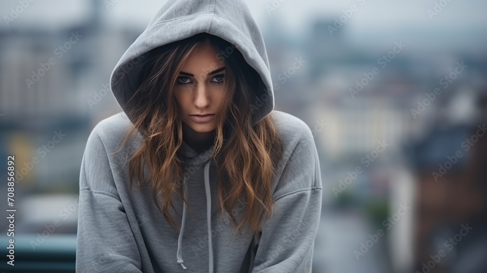 Portrait of a young woman in a gray hoodie looking at the camera with a serious expression Portrait of a young woman in a gray hoodie looking at the camera with a serious expression