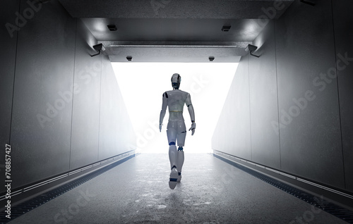 Sport science technology with robot walking through stadium tunnel