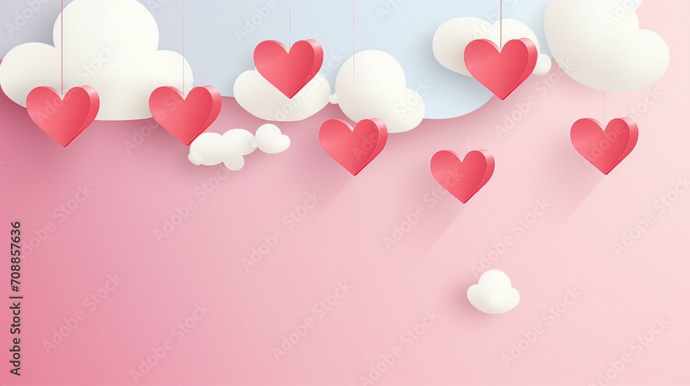 Valentine's day greeting in realistic papercut style with flying heart on string and pink banner. Calligraphy words on isolated background with copy space for text or promotional content.