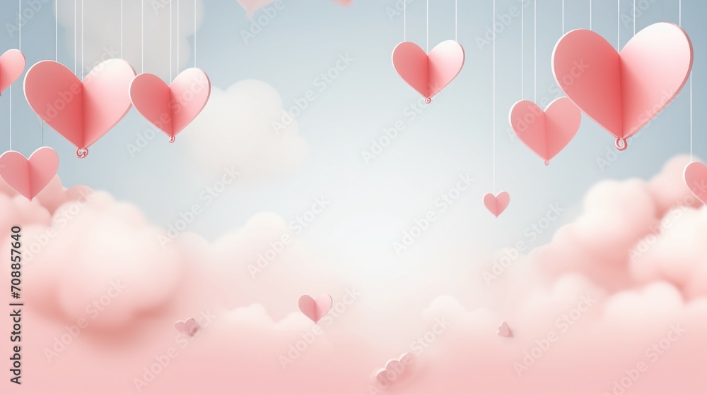 Valentine's day greeting in realistic papercut style with flying heart on string and pink banner. Calligraphy words on isolated background with copy space for text or promotional content.
