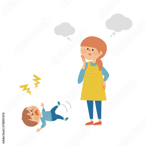 癇癪をおこす子供　お母さん　かわいいイラスト素材