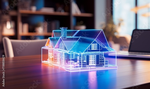 Holo concept 3d render of small residential house model on table in real estate agency. . futuristic business. blurry background. Generative Ai
 photo