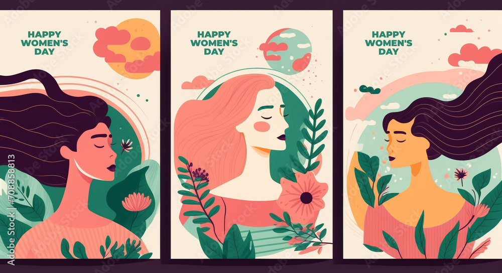 Obraz premium Greeting card or postcard templates with feminism activists and Happy Women's Day wish. Modern festive illustration for 8 March celebration.