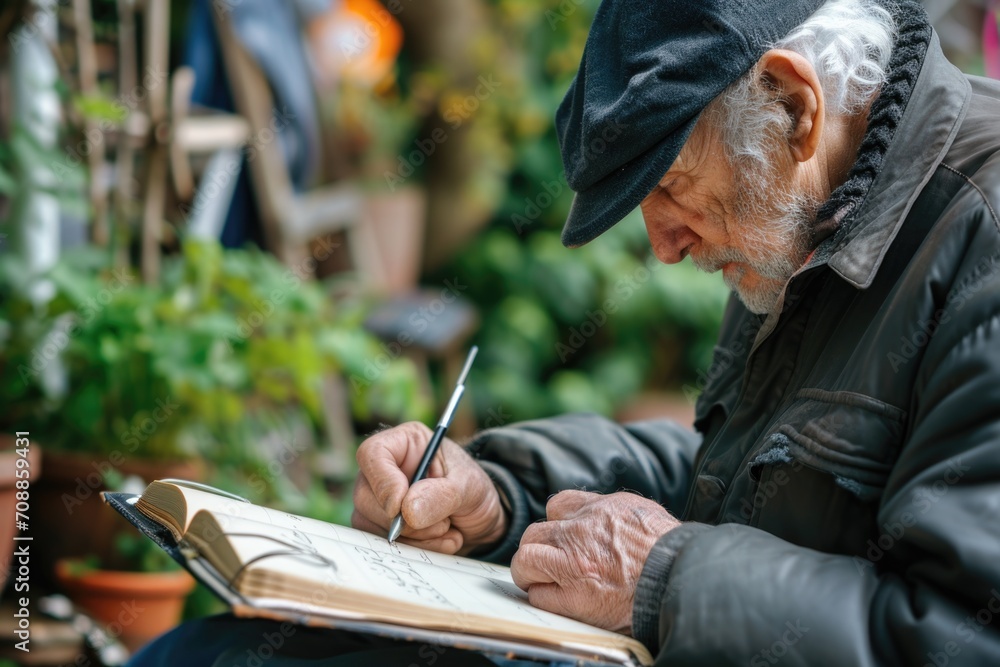 Elderly man writing.  - obrazy, fototapety, plakaty 
