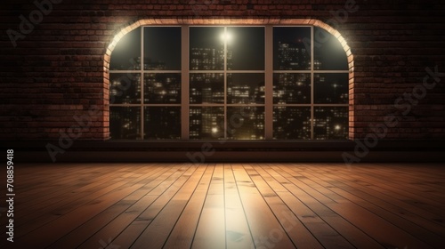 Empty room with large windows overlooking the night city. photo