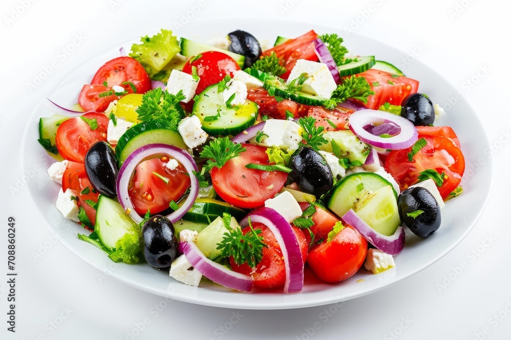 Greek Salad on a White Plate Isolated on White Background Greek Salad on a White Plate Isolated on White Background