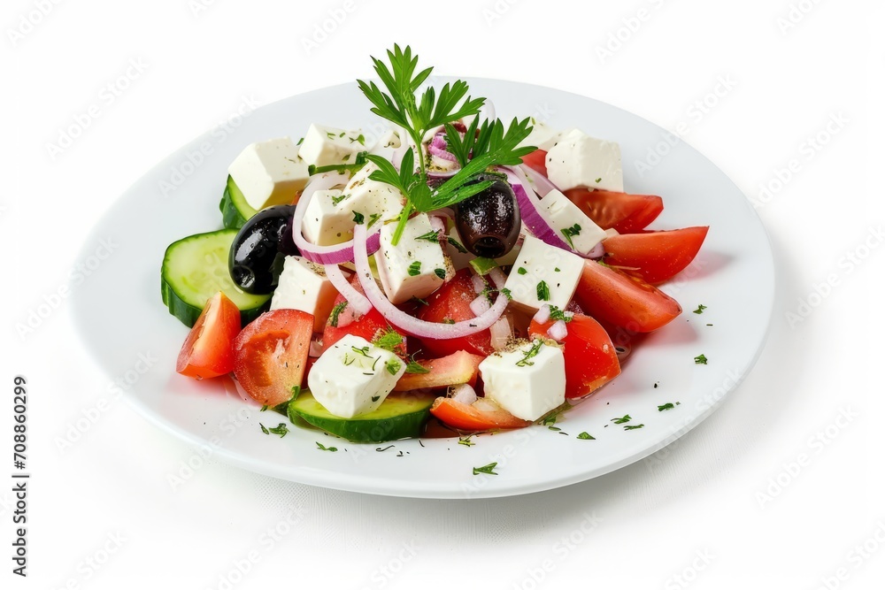 Greek Salad on a White Plate Isolated on White Background Greek Salad on a White Plate Isolated on White Background