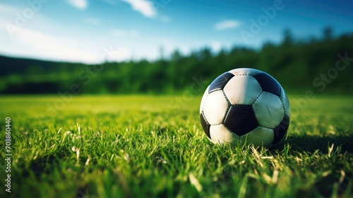 Classic soccer ball, typical black and white pattern, placed on the white marking line of the stadium turf. Traditional football ball on the green grass lawn with copy space. © VIK