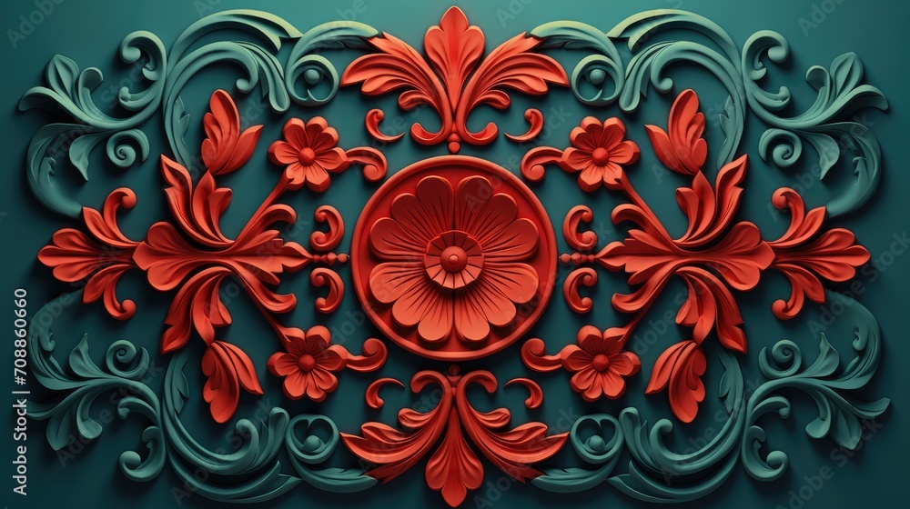 elegant baroque-style floral illustration in rich red and blue hues. classic artwork for interior design, book covers, and greeting cards