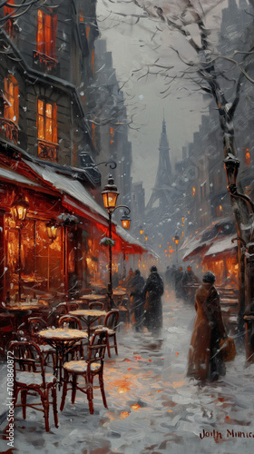 An oil painting of a cold winter street in Paris grey