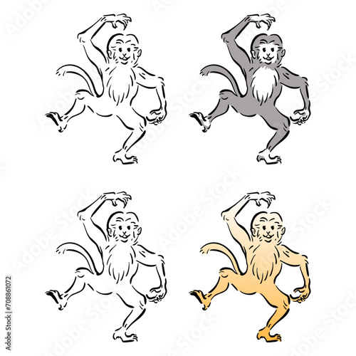猿の和風ベクターイラストセット（線画、影付き、白黒、グラデーション）。
