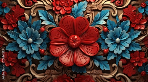 luxurious floral embossment with vibrant red and blue blooms. 3d botanical art for elegant textile design and decorative backgrounds