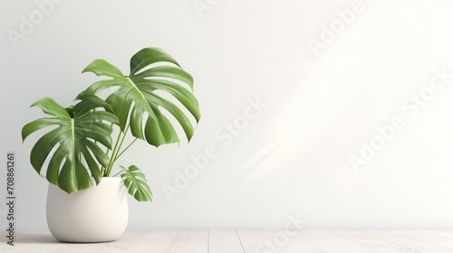 Monster flower in a large white pot against the wall, illuminated by the sun. High quality photo. Shadows from the window on the wall. Flowers and plants for the home. Monstera. © VIK