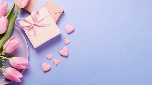 Celebrate Mother's Day with a Stunning Top View Photo: Blue Gift Boxes, Pink Tulip Bouquet, and Heart-shaped Saucer on Pastel Pink Background - Isolated Concept