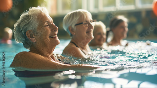 Bright and lively scene of senior women enjoying water-based exercises together  AI Generated