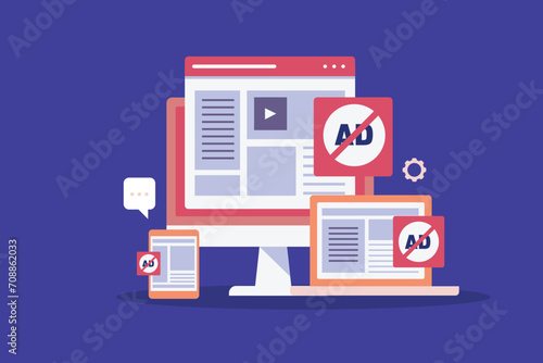 ad blocking software, preventing unwanted popup ads on electronic device screen, internet browsing without online advertising user data protection conceptual vector illustration.