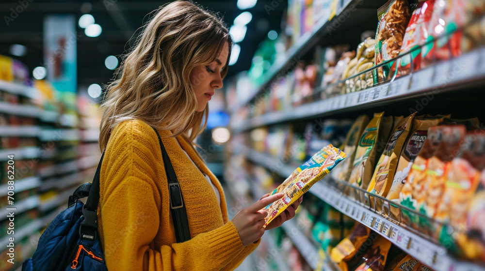 Woman analyzing nutrition labels of different brands in supermarket, AI Generated