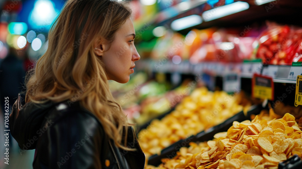 Woman analyzing nutrition labels of different brands in supermarket, AI Generated