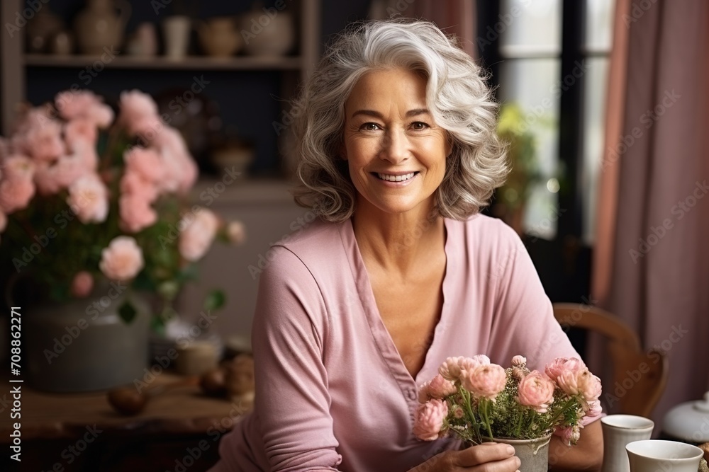 Portrait of a smiling mature woman with grey hair holding a bouquet of pink roses
