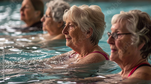 Active group of elderly women enjoying fun moments in pool, AI Generated © Shining Pro
