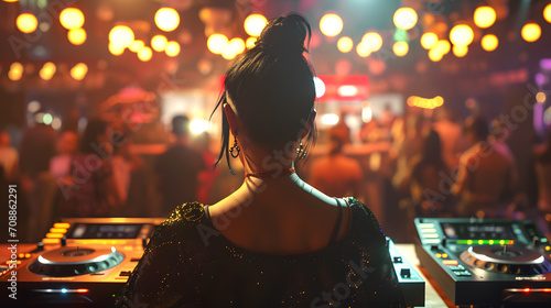 Young Asian female dj on stage in a nightclub, black hair tied in a low ponytail, listeners dancing in the background, spotlights,wide angle view from behind. photo