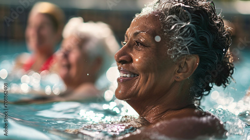 Bright and lively scene of senior women enjoying water-based exercises together, AI Generated