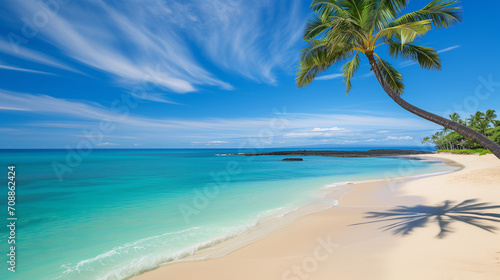 Deserted tropical beach with crystal-clear turquoise waters and a single palm tree on a bright  sunny day.