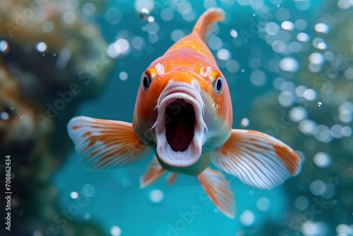 a koi fish with his mouth open under blue water