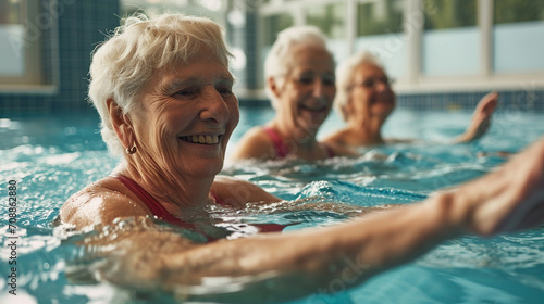 Bright and lively scene of senior women enjoying water-based exercises together, AI Generated © Shining Pro