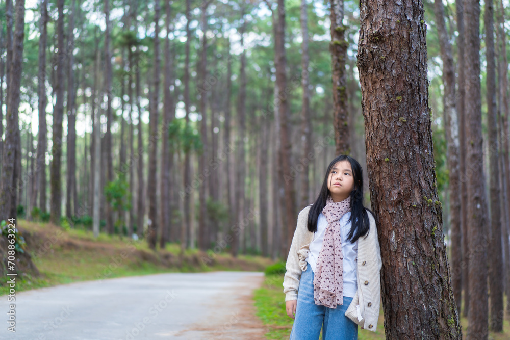 Asian child nature travel or kid girl wearing scarf and sweater stood vacantly leaning against pine tree alone to feel morning lonely in garden forest on holiday vacation at Doi Bo Luang Forest Park Asian child nature travel or kid girl wearing scarf and sweater stood vacantly leaning against pine tree alone to feel morning lonely in garden forest on holiday vacation at Doi Bo Luang Forest Park
