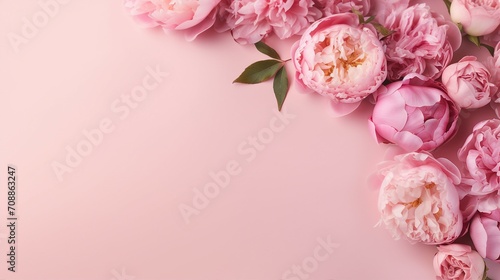 Captivating Mother's Day Concept with Fresh Pink Peony Roses – Top View Photo on Isolated Pastel Background, Perfect for Greeting Cards and Design Projects © Sunanta