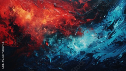 fiery red and cool blue abstract collision. high-quality image for dynamic wall art, creative backgrounds, and bold graphic designs