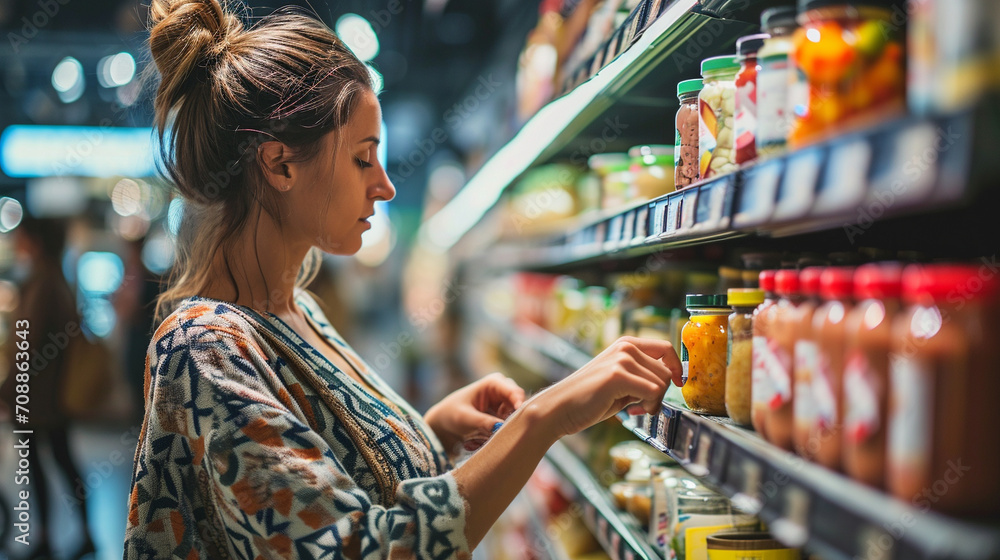 Woman checking label for preservatives in different baby food jars at supermarket, AI Generated - obrazy, fototapety, plakaty 