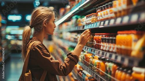 Woman checking label for preservatives in different baby food jars at supermarket, AI Generated photo