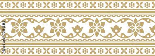 Vector seamless gold indian national ornament. Ethnic endless plant border. Flowers frame. Poppies and leaves.. photo