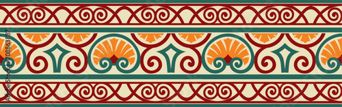 Vector colored seamless classic renaissance ornament. Endless european border, revival style frame..