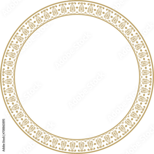 Vector round golden Indian national ornament. Ethnic plant circle, border. Frame, flower ring. Poppies and leaves..