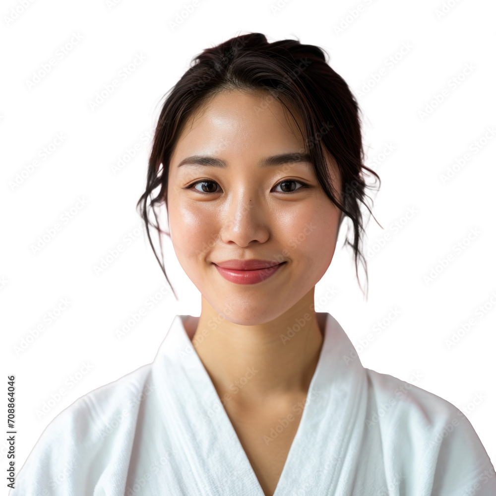 Korean woman in bathrobes, female body care and pampering in hotel spa Korean woman in bathrobes, female body care and pampering in hotel spa