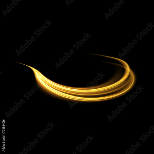 Gold glowing shiny lines effect black background. Luminous white lines of speed. Light glowing effect. Light trail wave, fire path trace line and incandescence curve twirl