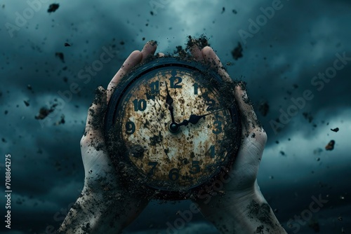 A clock falling from a hand full of dust, time running out concept